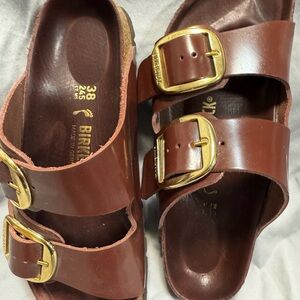 Birkenstock Chestnut Sandals with Large Gold Buckles